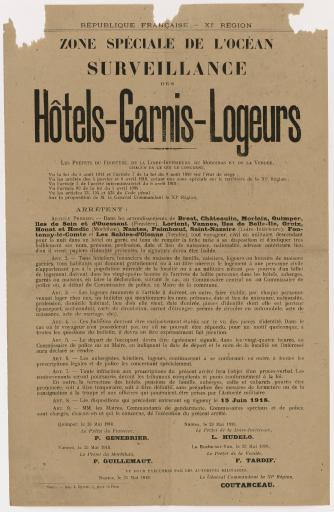 République française - XIe région. Zone spéciale de l'océan. Surveillance des hôtels-garnis-logeurs, 23 mai 1918.